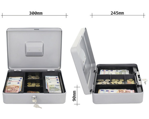 Geöffnete Geldkassette aus Stahl mit Geldscheinen und Münzen, Abmessungen 300 x 245 x 90 Millimeter