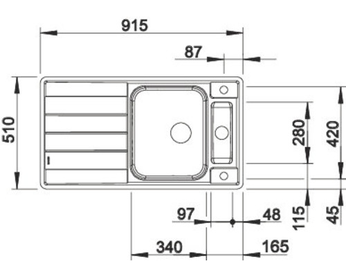 Technische Zeichnung einer Spüle mit Maßangaben
