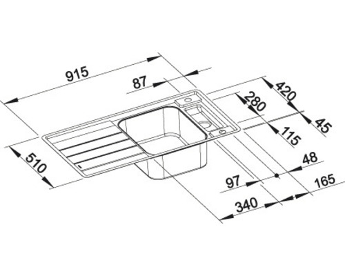 Technische Zeichnung einer Küchenspüle mit Maßangaben
