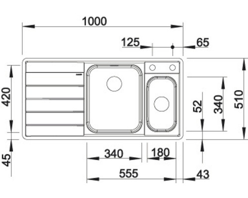 Technische Zeichnung einer Spüle mit Maßen