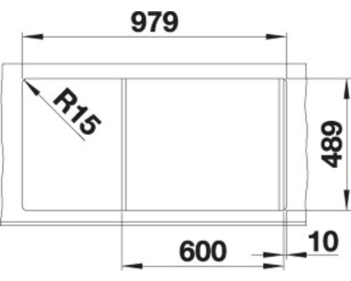 Technische Zeichnung einer Spüle mit Maßangaben
