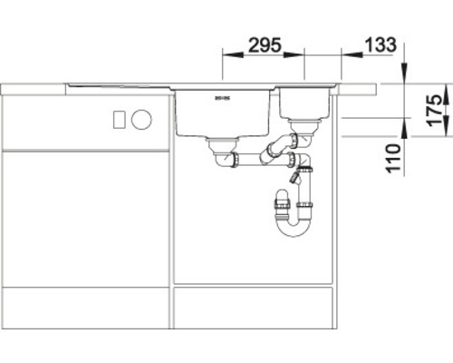 Technische Zeichnung eines Spülenunterschranks mit Spüle und Abmessungen