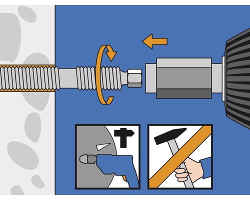 Illustration einer Dübelinstallation mit Bohrmaschine und Hammer