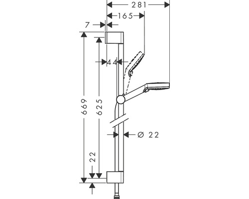 Technische Zeichnung einer Duschstange mit Maßangaben