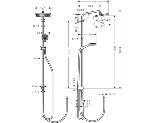 Technische Zeichnung einer Duscharmatur mit Maßangaben.