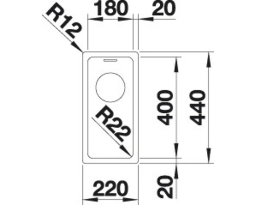 Maßzeichnung einer Küchenspüle mit Beckenposition links