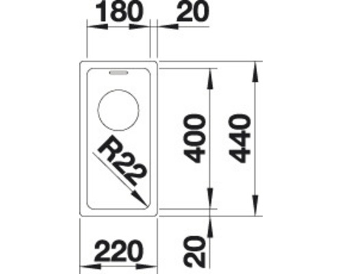 Technische Zeichnung einer Spüle mit Maßangaben