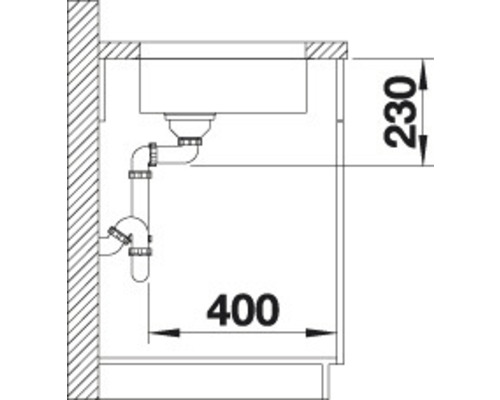 Technische Zeichnung eines Spültischs mit Abmessungen 230 und 400 Millimeter.