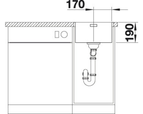 Technische Zeichnung einer Küchenspüle mit Abmessungen.