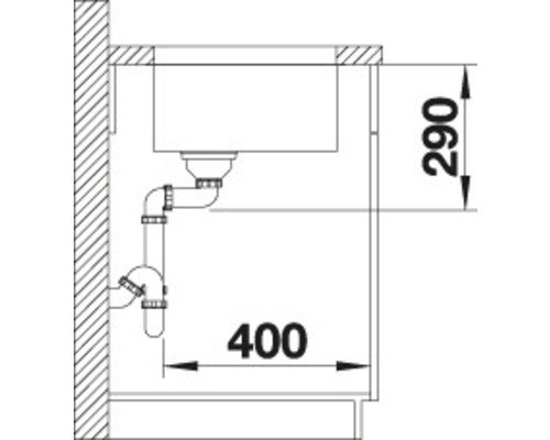 Installationszeichnung einer Spüle mit den Maßen 290 mal 400.