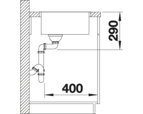 Skizze eines Spülbeckens mit Abmessungen 290 und 400
