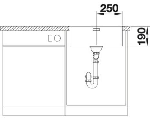 Skizze einer Spüle mit den Maßen 250 mal 190 Millimeter.