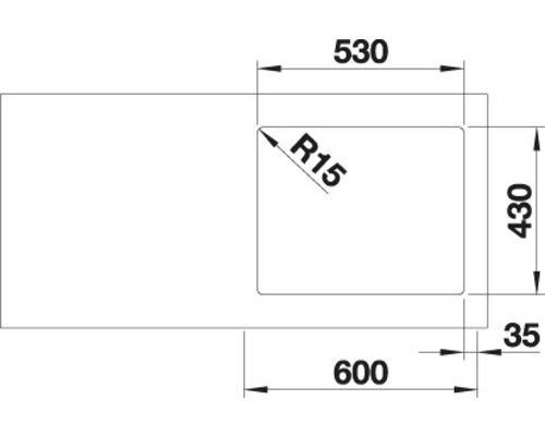 Technische Zeichnung einer Spüle mit den Maßen 530, 430 und 600 Millimeter