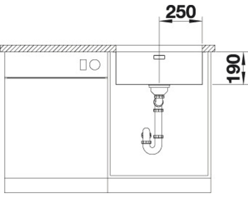 Skizze einer Spüle mit Ablaufgarnitur und Maßangaben.