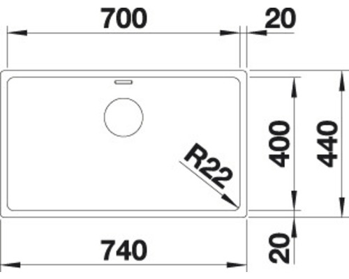 Technische Zeichnung einer Spüle mit Maßangaben