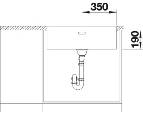 Skizze einer Spüle mit den Maßen 350 mal 190 Millimeter.