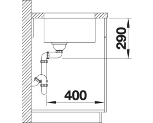 Skizze einer Spüle mit Abflussrohren und Maßangaben