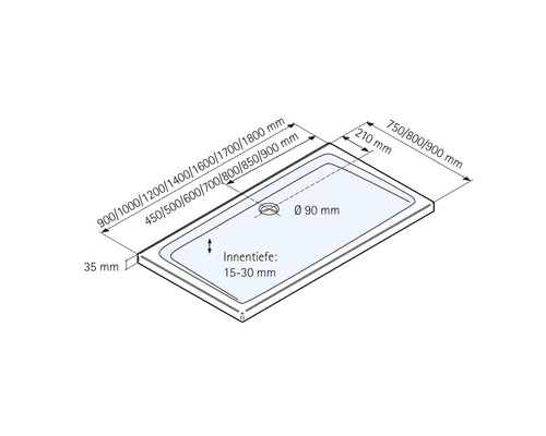 Technische Zeichnung einer Duschwanne mit Maßangaben