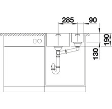 Installationsplan für eine Spüle mit zwei Becken, Maße in Millimeter