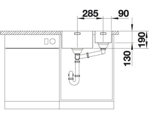 Installationsplan für eine Spüle mit zwei Becken, Maße in Millimeter