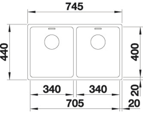 Technische Zeichnung einer Doppelspüle mit Maßangaben