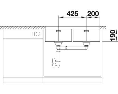Skizze eines Doppelspülbeckens mit Abmessungen.