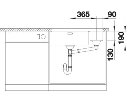 Skizze einer Spüle mit zugehörigen Maßangaben für die Installation