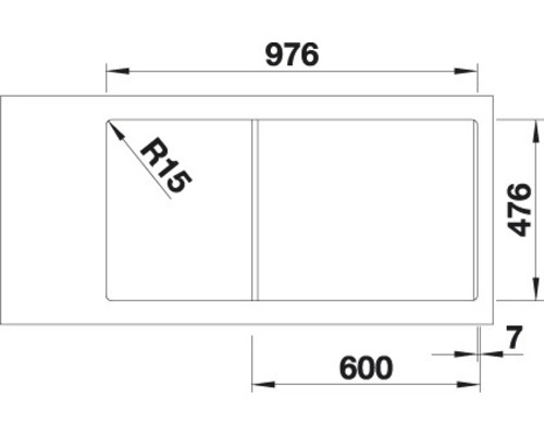 Technische Zeichnung einer Spüle mit den Maßen 976 x 476 mm