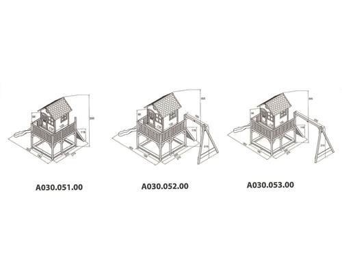 Technische Zeichnung von drei Spielhäusern mit Rutsche und Schaukel