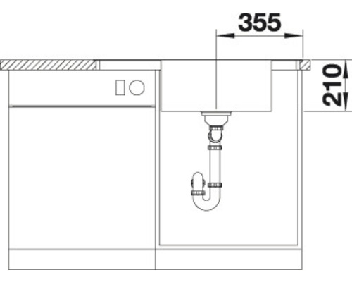 Skizze einer Spüle mit den Maßen 355 x 210 Millimeter.