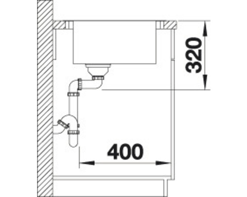 Skizze einer Spüle mit Abflussrohren und Maßangaben