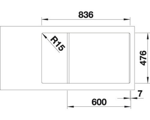 Technische Zeichnung einer Spüle mit den Maßen 836, 476 und 600 Millimeter.