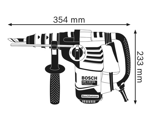 Abbildung eines Bohrhammers mit Maßangaben: Länge 354 mm, Höhe 233 mm.