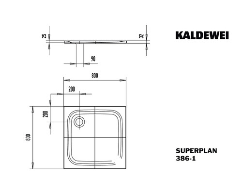Kaldewei Superplan Duschwanne 800x800 mm technische Zeichnung
