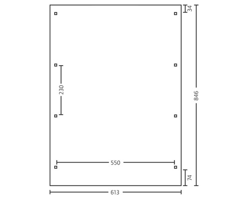 Technische Zeichnung mit den Maßen 613, 550, 846, 230, 74 und 34.