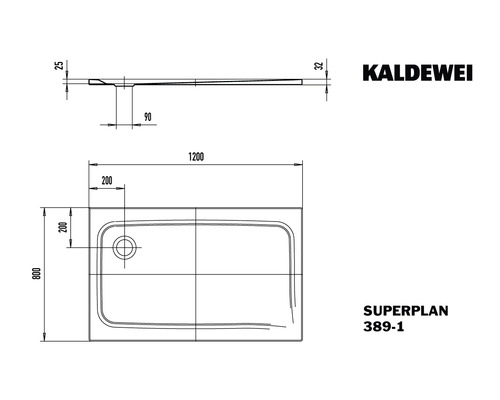 Kaldewei Superplan 389-1 Duschtasse technische Zeichnung mit Maßangaben