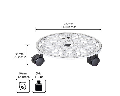 Pflanzenroller mit den Maßen 290 mm Durchmesser und 64 mm Höhe sowie einer maximalen Belastbarkeit von 50 Kilogramm