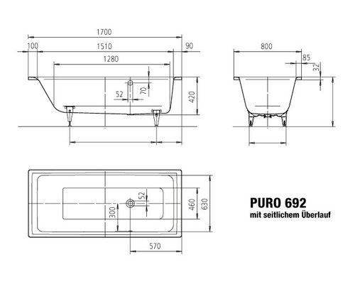 Technische Zeichnung einer Badewanne mit seitlichem Überlauf und Maßangaben.