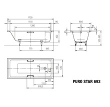 Technische Zeichnung der Puro Star 693 Badewanne mit Maßangaben