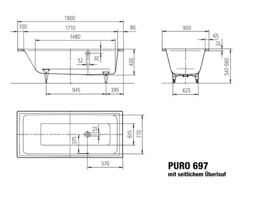 Technische Zeichnung der Badewanne Puro 697 mit seitlichem Überlauf und Maßangaben