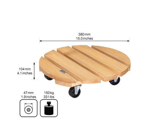 Runder Pflanzenroller aus Holz mit Maßen und Belastbarkeit