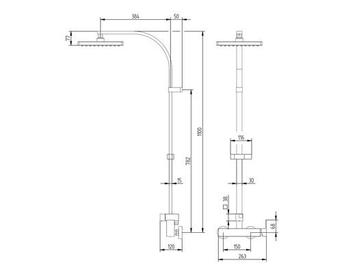 Technische Zeichnung einer Duschgarnitur mit Maßangaben