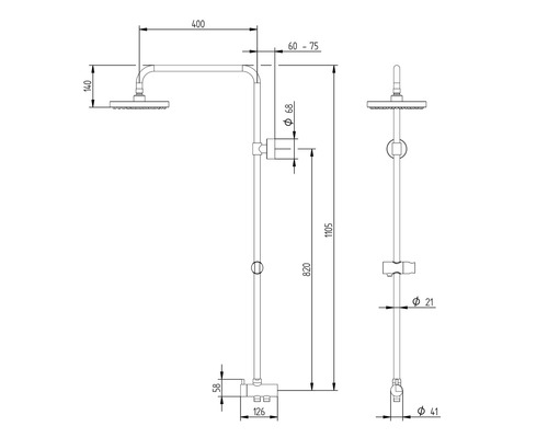 Technische Zeichnung einer Duscharmatur mit Maßangaben