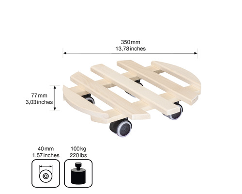 Rollbrett für Pflanzen aus Holz mit den Maßen 350 mm Länge und 77 mm Höhe