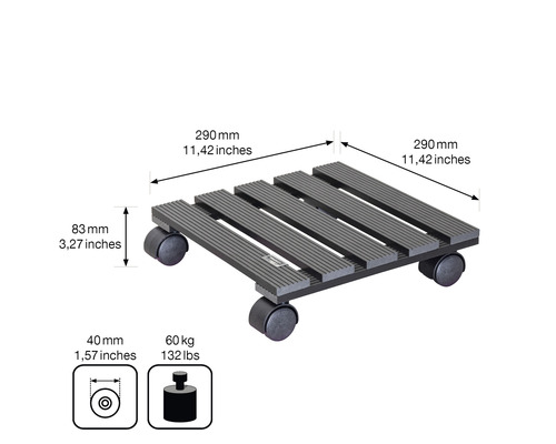 Rollbrett für Pflanzen mit den Maßen 290 x 290 mm und einer maximalen Traglast von 60 kg.