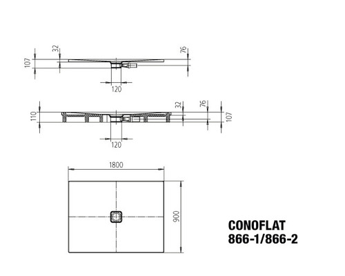 Technische Zeichnung Conoflat Duschwanne mit Maßen