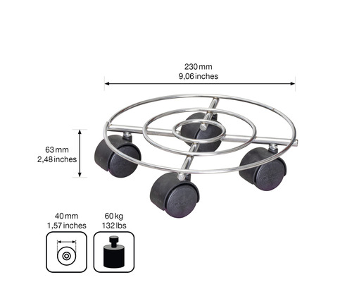 Rolluntersetzer aus Metall mit einer maximalen Belastung von 60 Kilogramm