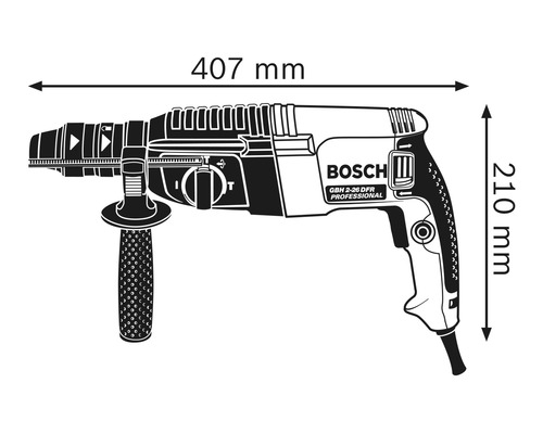 Abbildung des Bohrhammers mit den Maßen 407 mm Länge und 210 mm Höhe.