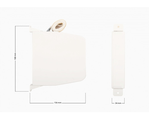 Seitenansicht und Frontansicht einer Rollokassette mit den Maßen 188 mm Höhe, 156 mm Breite und 34 mm Tiefe.