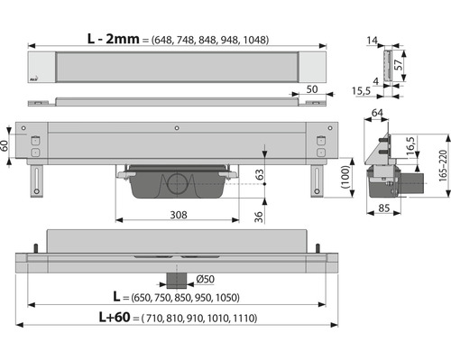 Technische Zeichnung eines Ablaufsystems mit Maßangaben